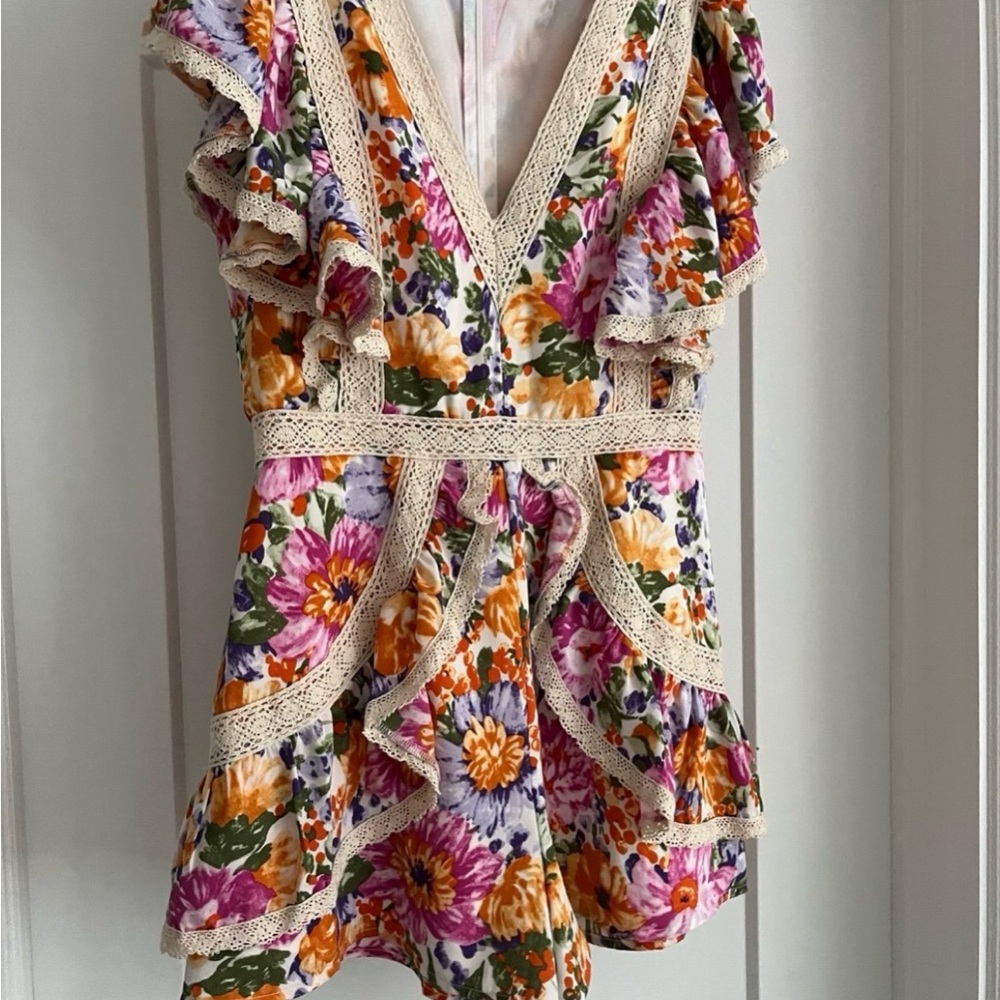 Luxxel Floral Ruffle Dress with Lace Trim